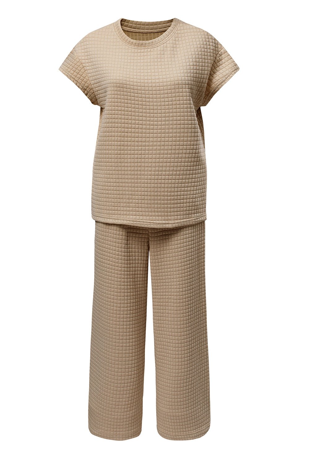 Parchment Solid Color Checkered Textured Short Sleeve Top and Pants Set - MAD RUFFI
