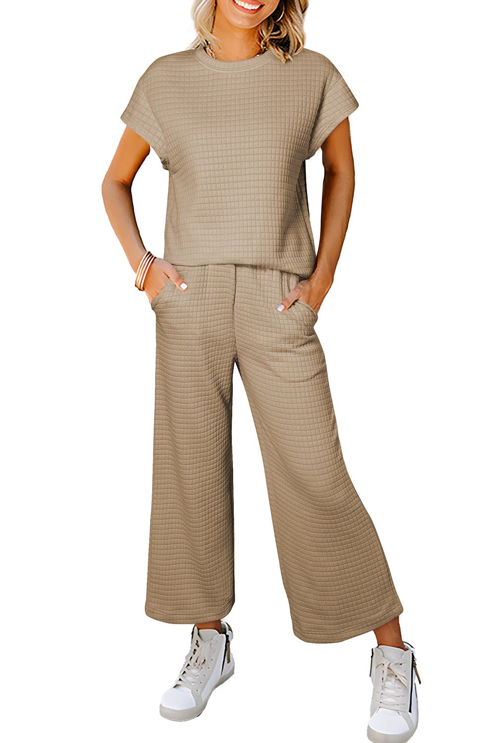 Parchment Solid Color Checkered Textured Short Sleeve Top and Pants Set - MAD RUFFI