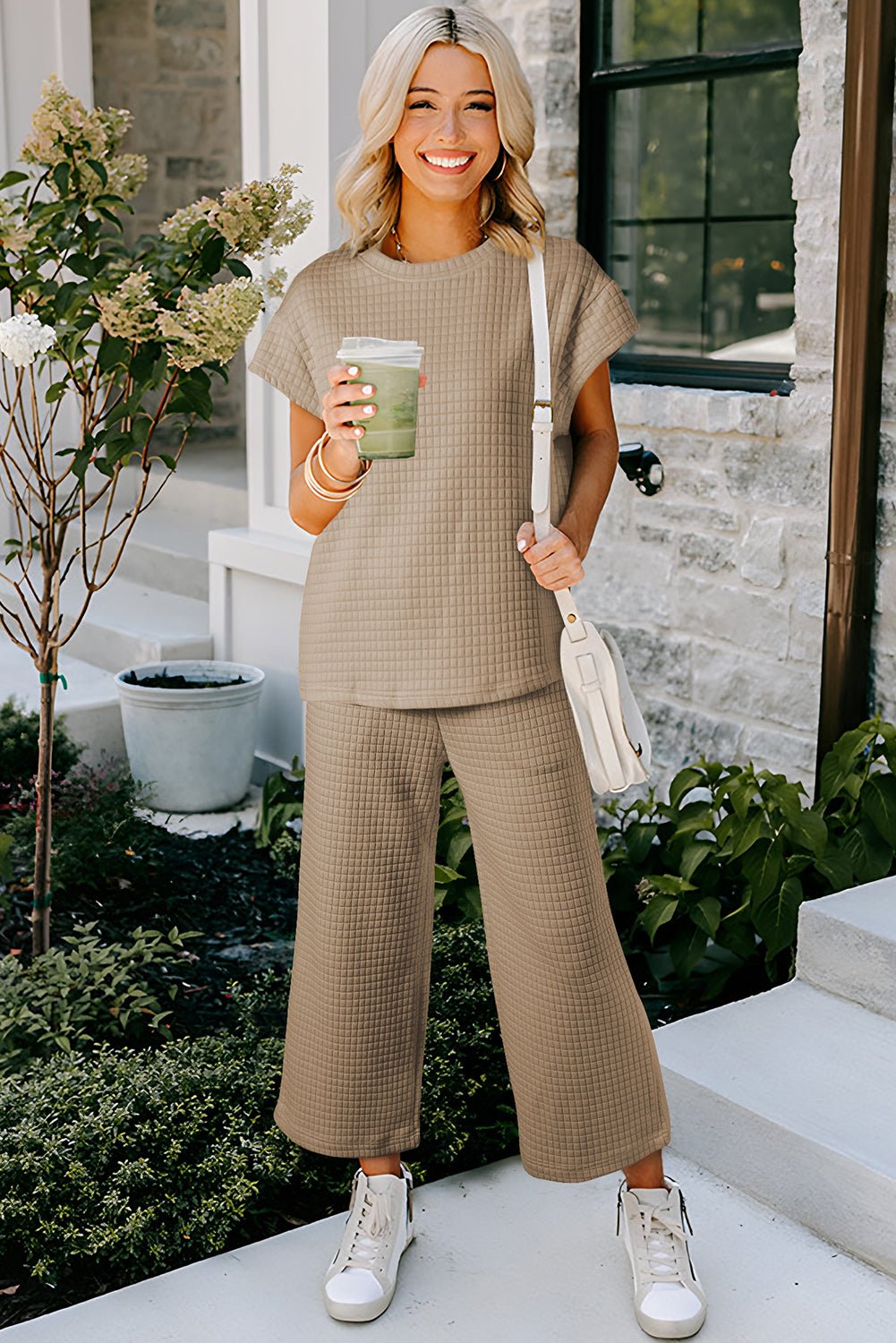 Parchment Solid Color Checkered Textured Short Sleeve Top and Pants Set - MAD RUFFI