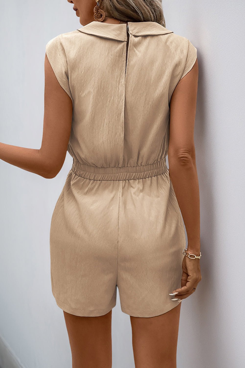 Parchment Solid Color V Neck Sleeveless Romper - MAD RUFFI
