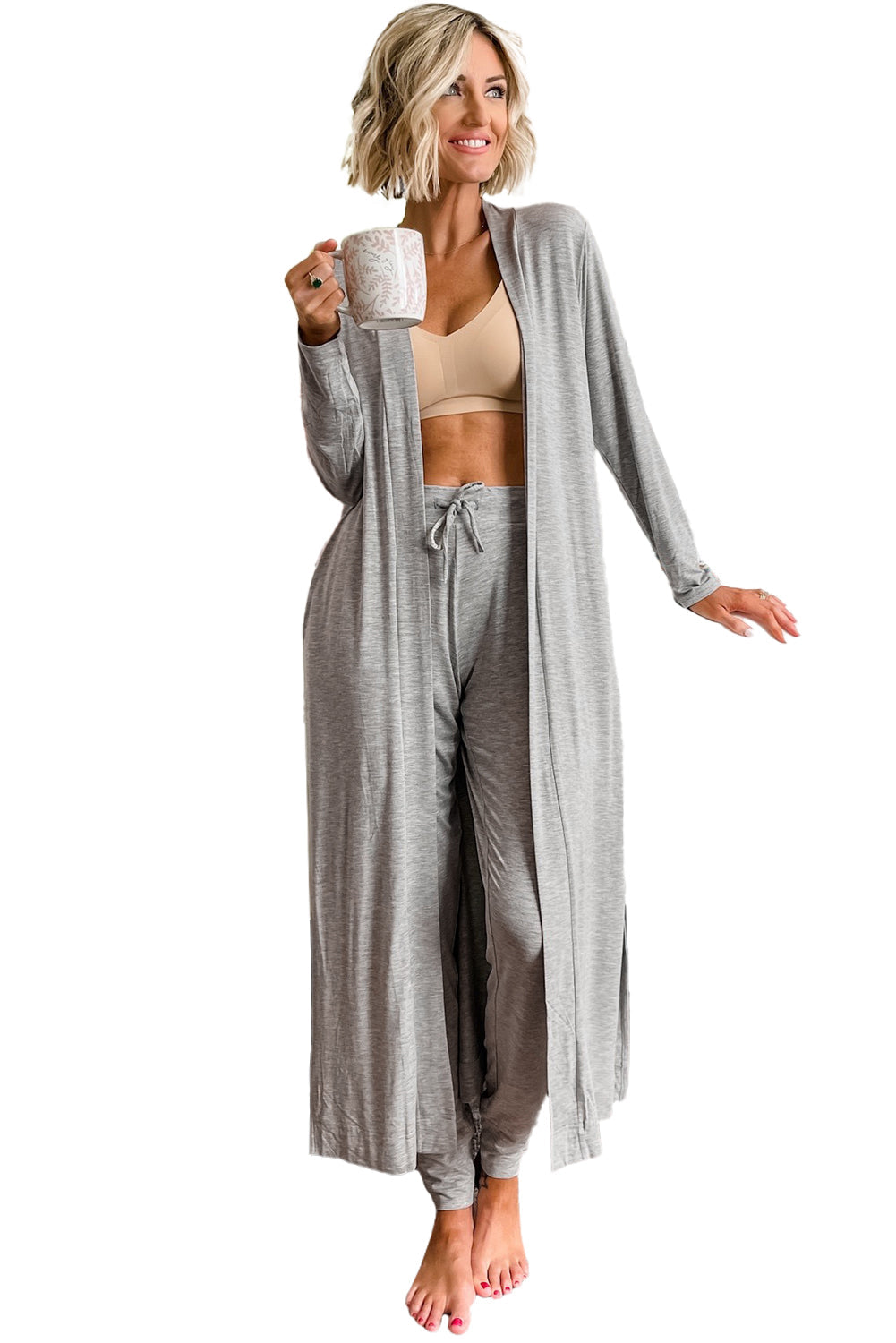 Parchment Split Long Cardigan and Skinny Pants Loungewear Set - MAD RUFFI