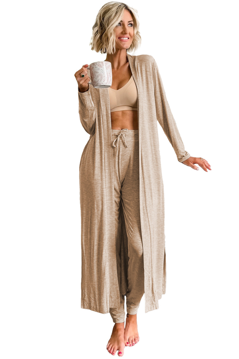 Parchment Split Long Cardigan and Skinny Pants Loungewear Set - MAD RUFFI