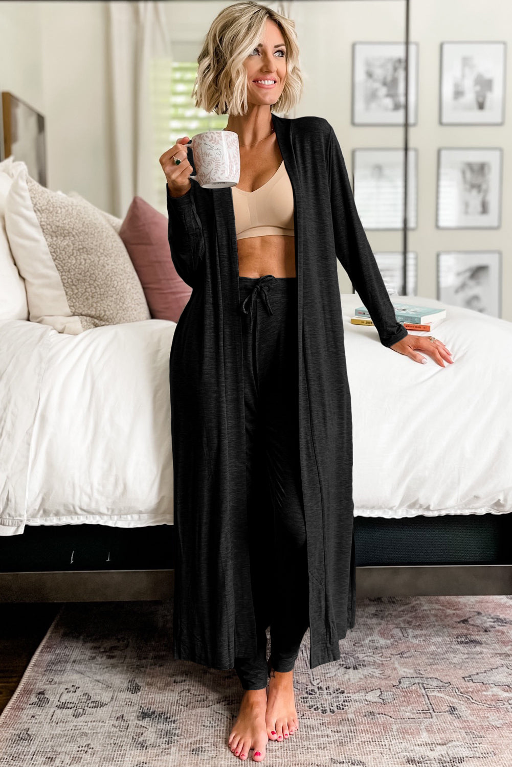 Parchment Split Long Cardigan and Skinny Pants Loungewear Set - MAD RUFFI