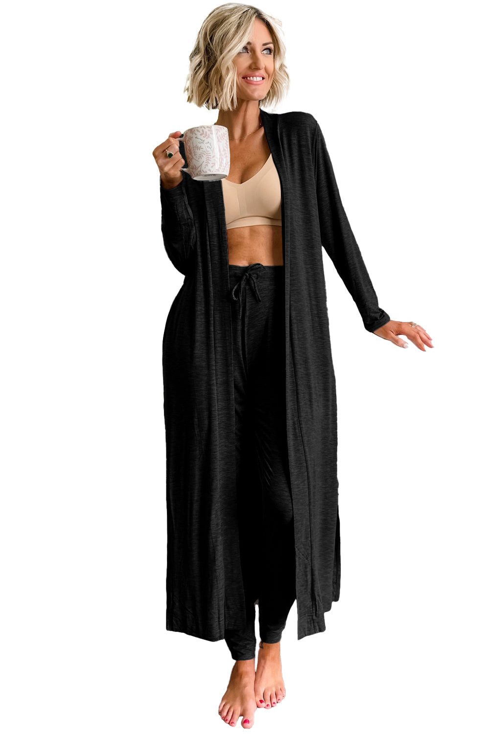 Parchment Split Long Cardigan and Skinny Pants Loungewear Set - MAD RUFFI