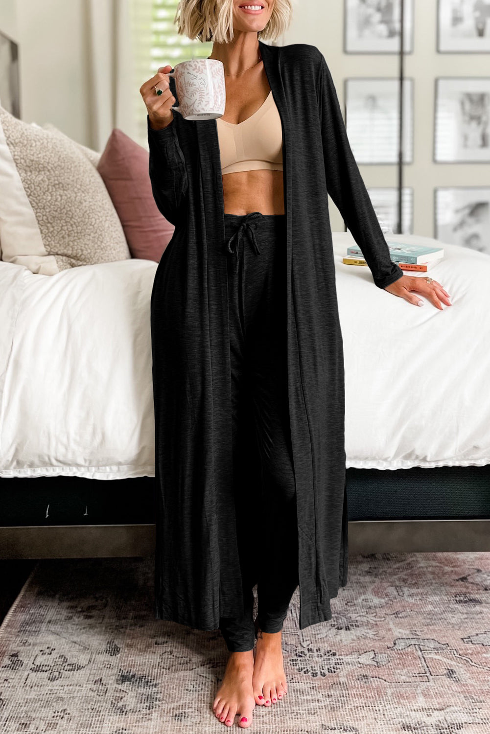 Parchment Split Long Cardigan and Skinny Pants Loungewear Set - MAD RUFFI