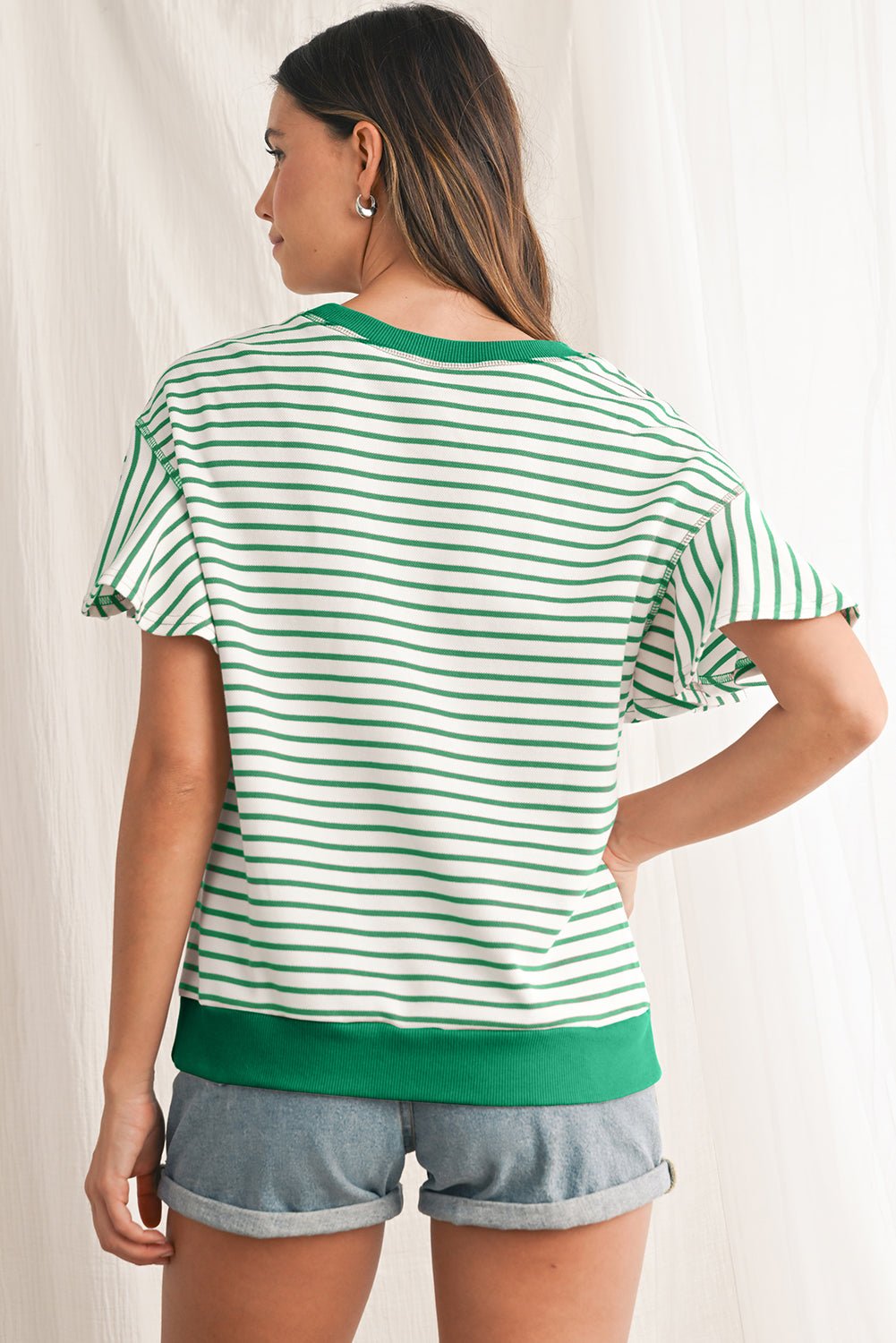 Parchment Striped Ruffle Sleeve Round Neck Top - MAD RUFFI