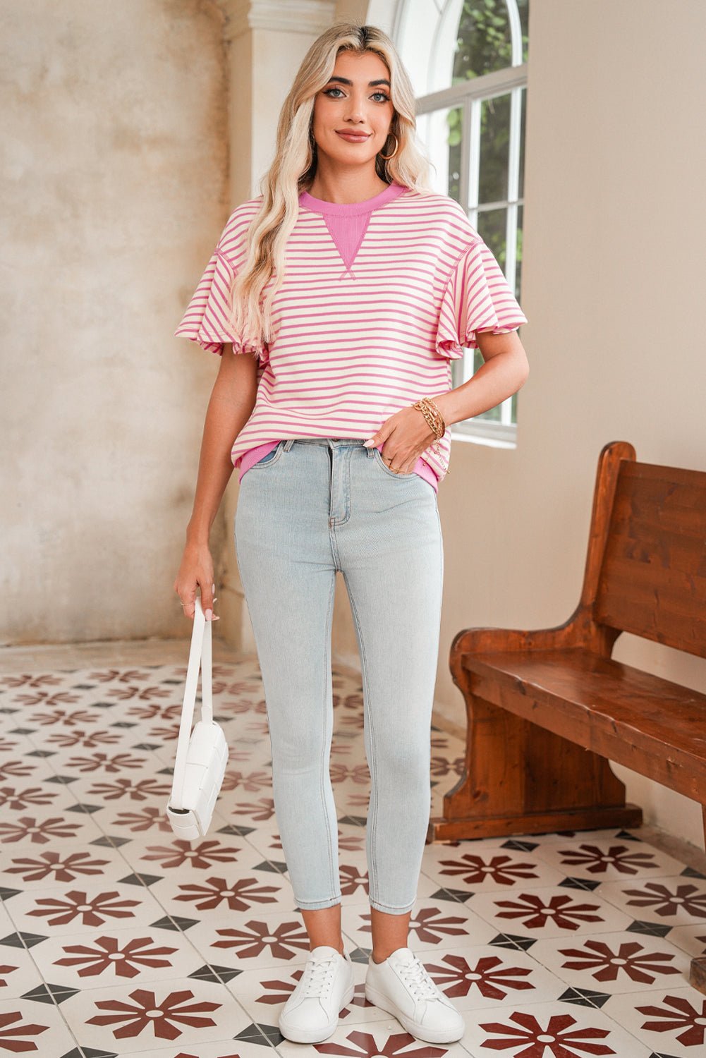 Parchment Striped Ruffle Sleeve Round Neck Top - MAD RUFFI