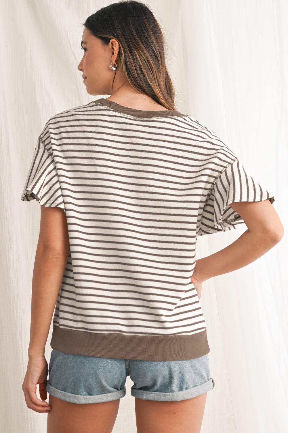 Parchment Striped Ruffle Sleeve Round Neck Top - MAD RUFFI