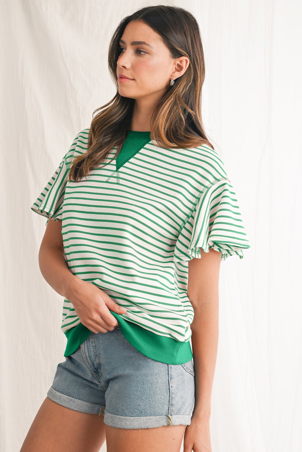 Parchment Striped Ruffle Sleeve Round Neck Top - MAD RUFFI
