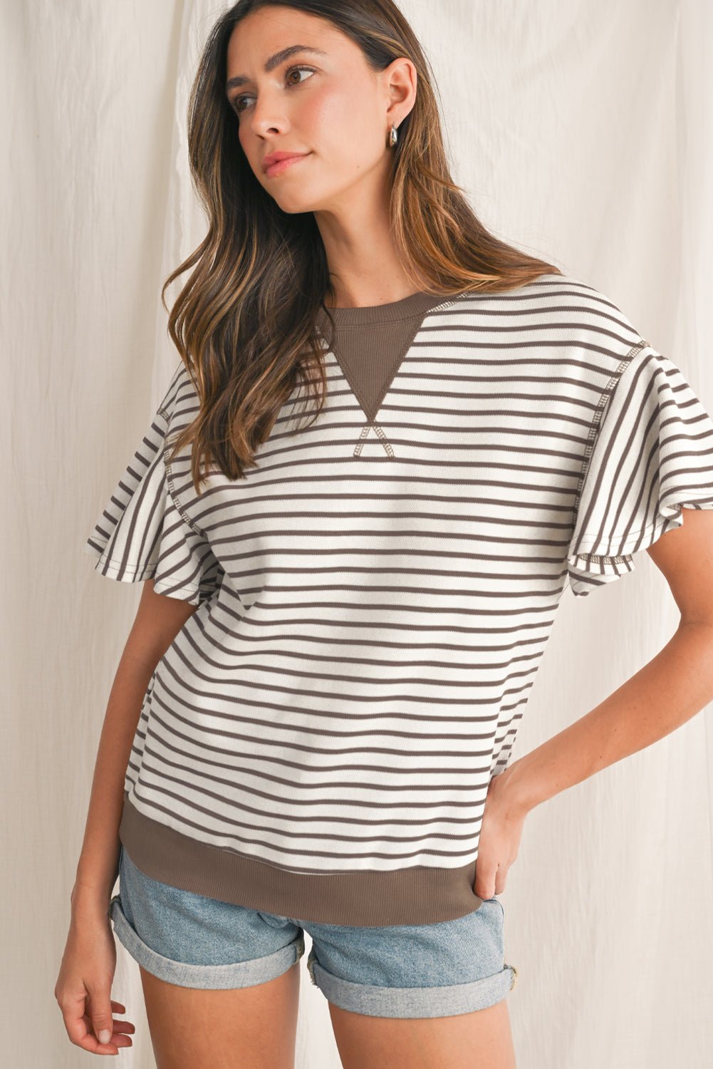Parchment Striped Ruffle Sleeve Round Neck Top - MAD RUFFI