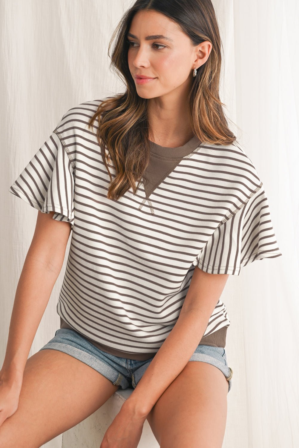 Parchment Striped Ruffle Sleeve Round Neck Top - MAD RUFFI