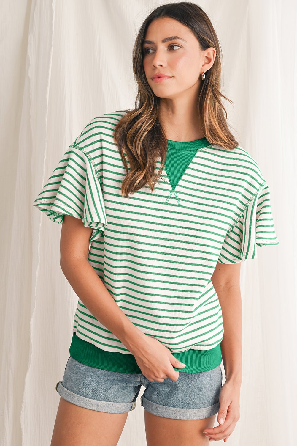Parchment Striped Ruffle Sleeve Round Neck Top - MAD RUFFI