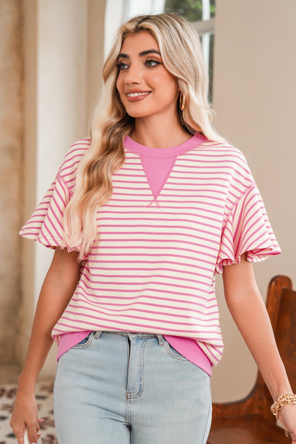 Parchment Striped Ruffle Sleeve Round Neck Top - MAD RUFFI