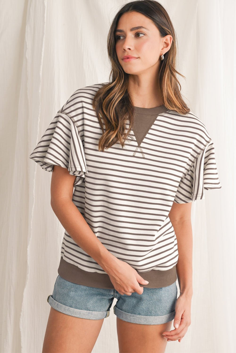 Parchment Striped Ruffle Sleeve Round Neck Top - MAD RUFFI
