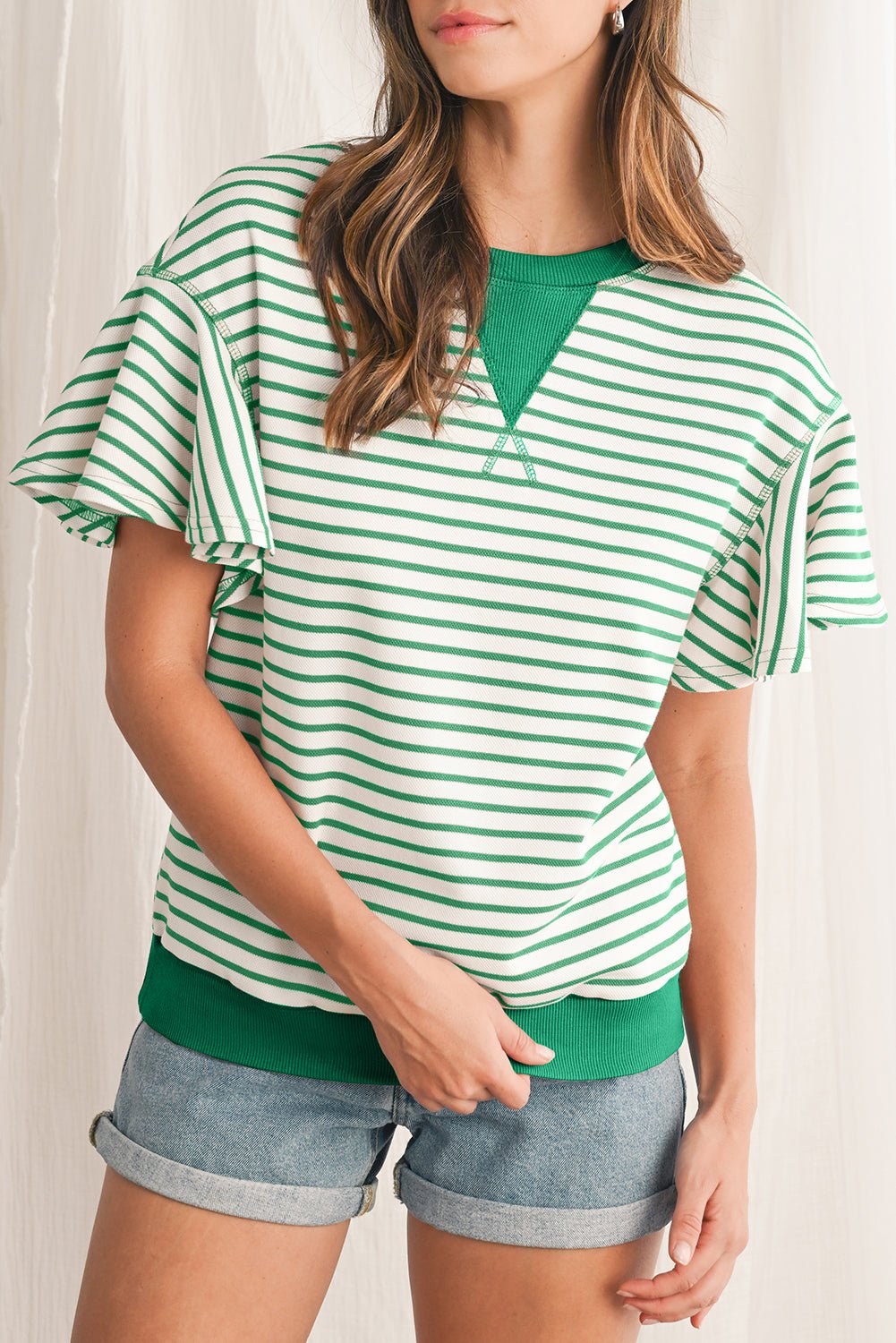 Parchment Striped Ruffle Sleeve Round Neck Top - MAD RUFFI