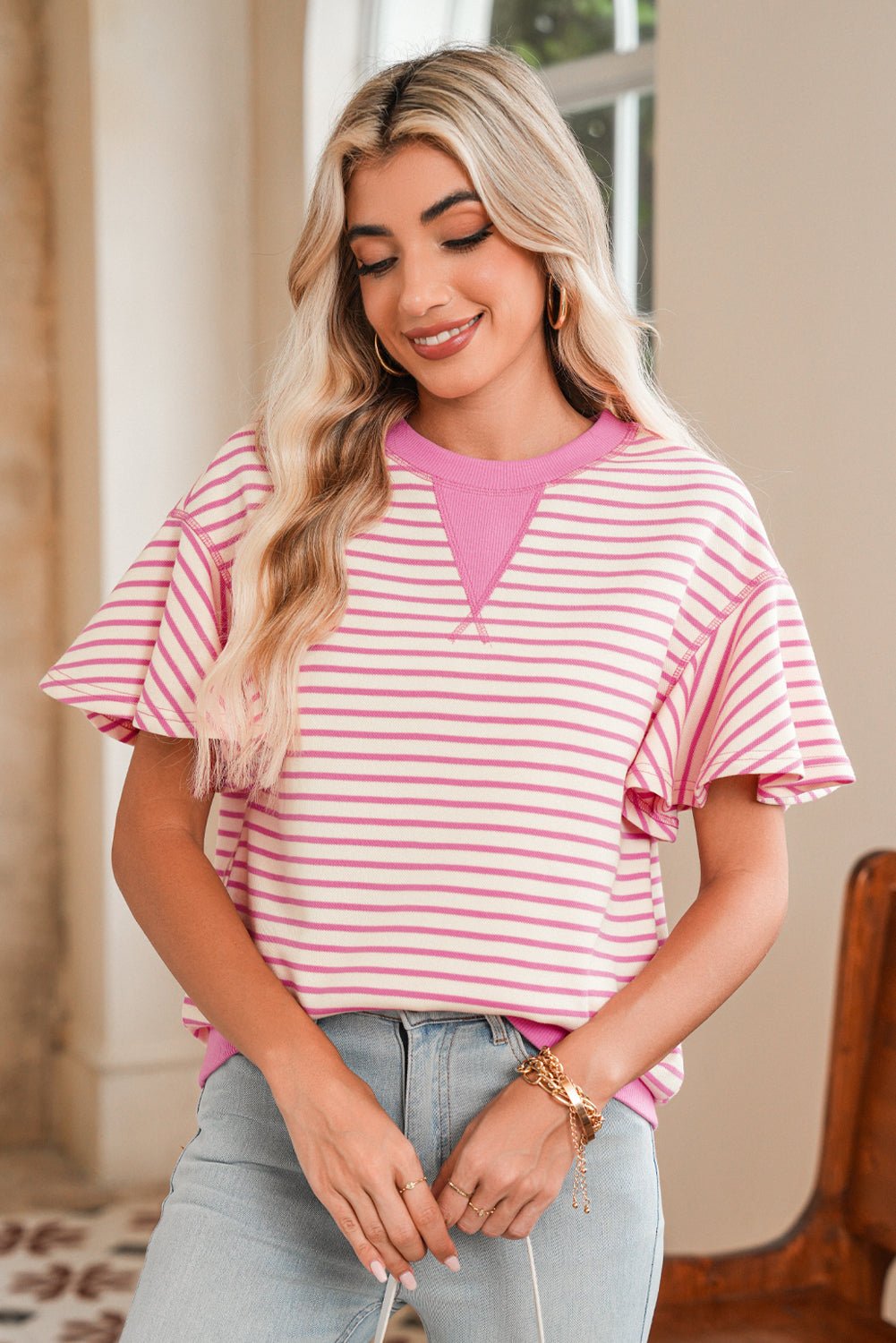 Parchment Striped Ruffle Sleeve Round Neck Top - MAD RUFFI