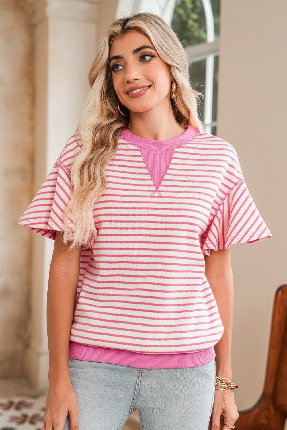 Parchment Striped Ruffle Sleeve Round Neck Top - MAD RUFFI