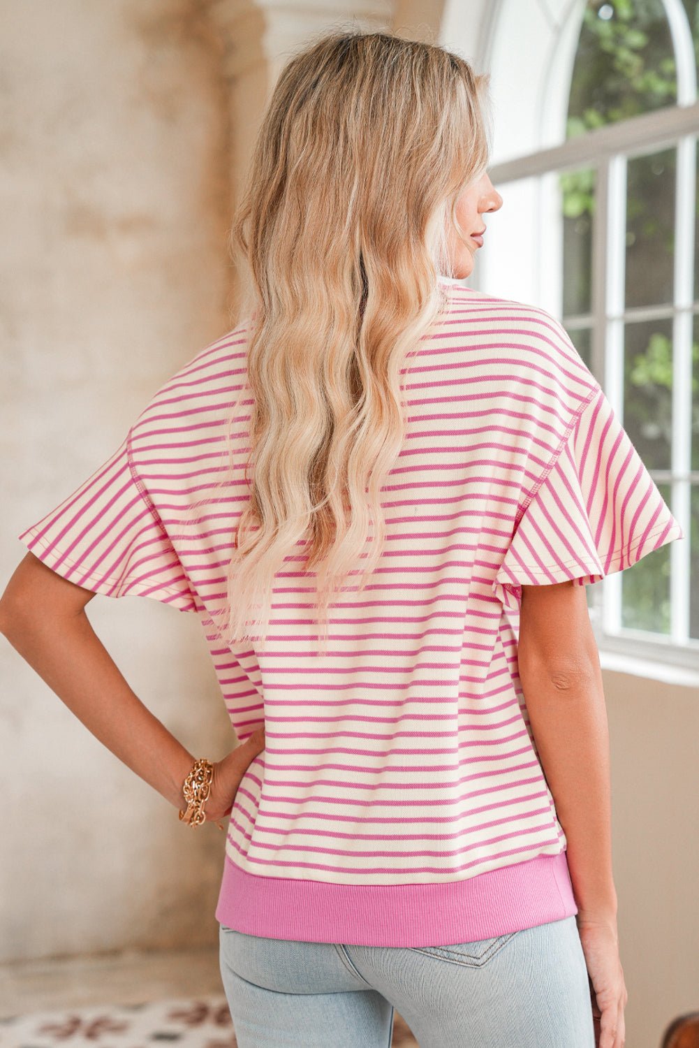 Parchment Striped Ruffle Sleeve Round Neck Top - MAD RUFFI