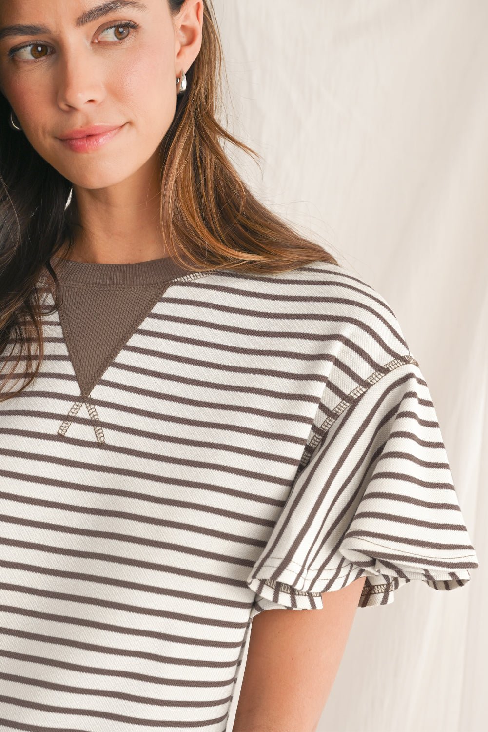 Parchment Striped Ruffle Sleeve Round Neck Top - MAD RUFFI