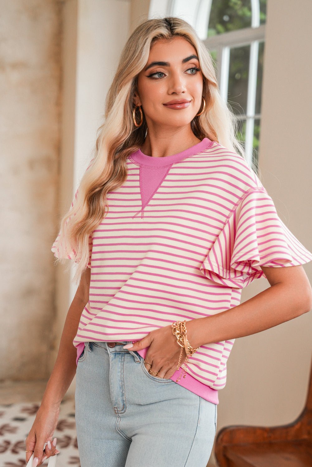 Parchment Striped Ruffle Sleeve Round Neck Top - MAD RUFFI