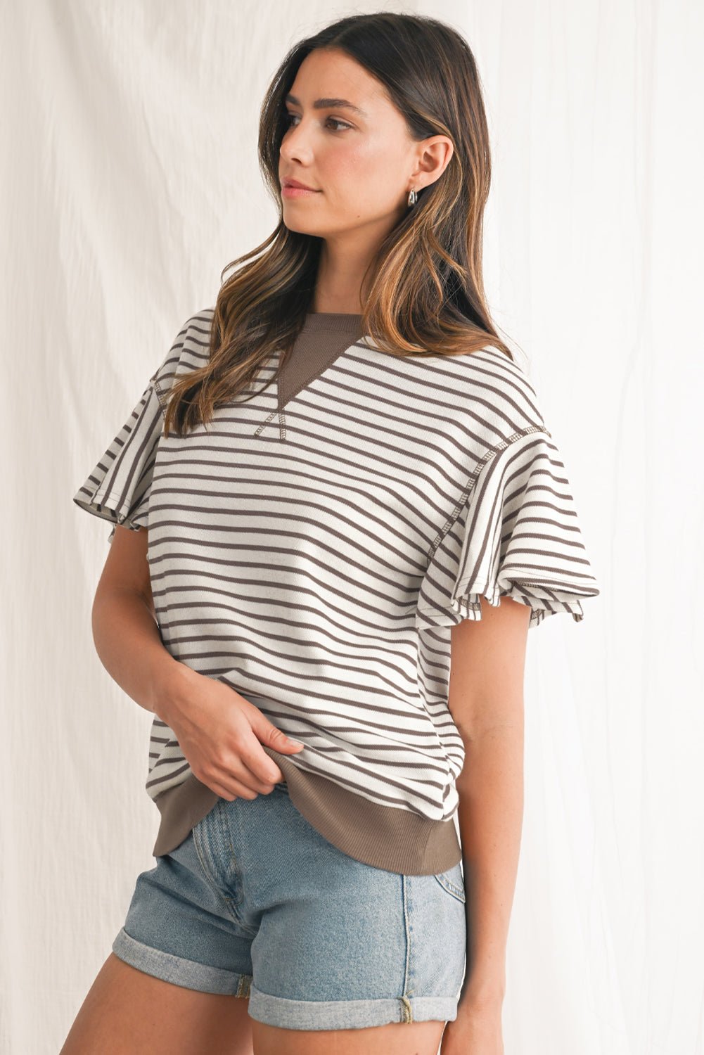 Parchment Striped Ruffle Sleeve Round Neck Top - MAD RUFFI