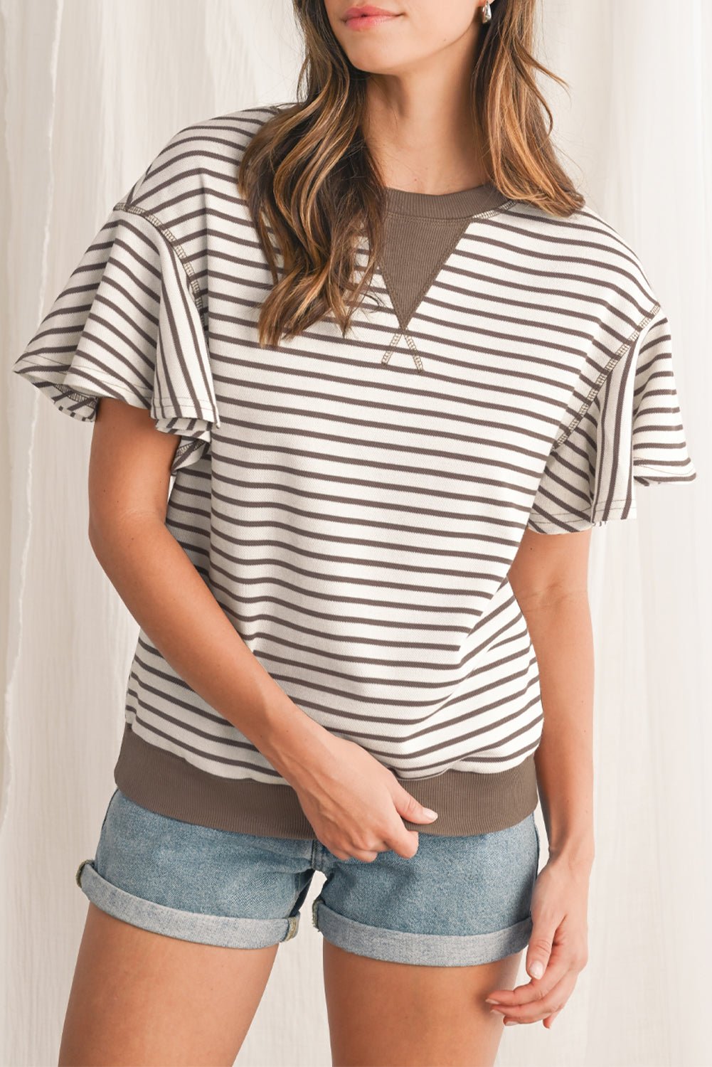 Parchment Striped Ruffle Sleeve Round Neck Top - MAD RUFFI