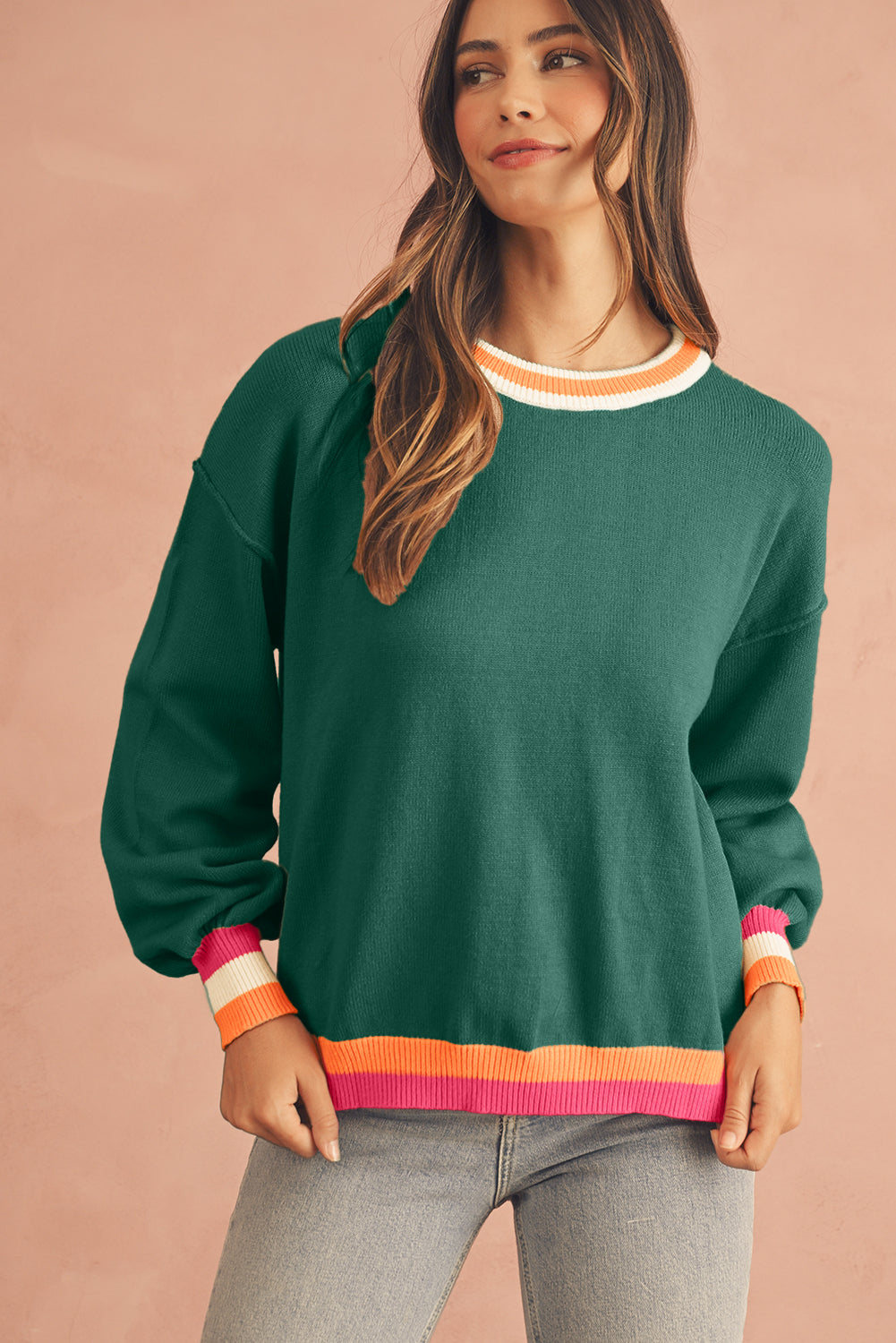 Parchment Striped Trim Drop Shoulder Sweater - MAD RUFFI