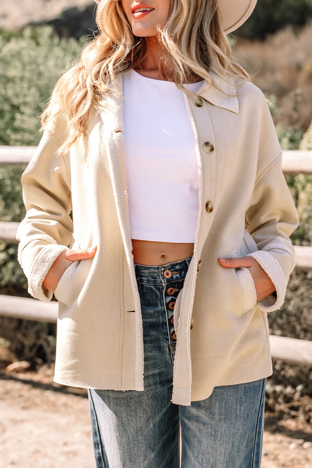 Parchment Suede Sherpa Lined Western Loose Jacket - MAD RUFFI