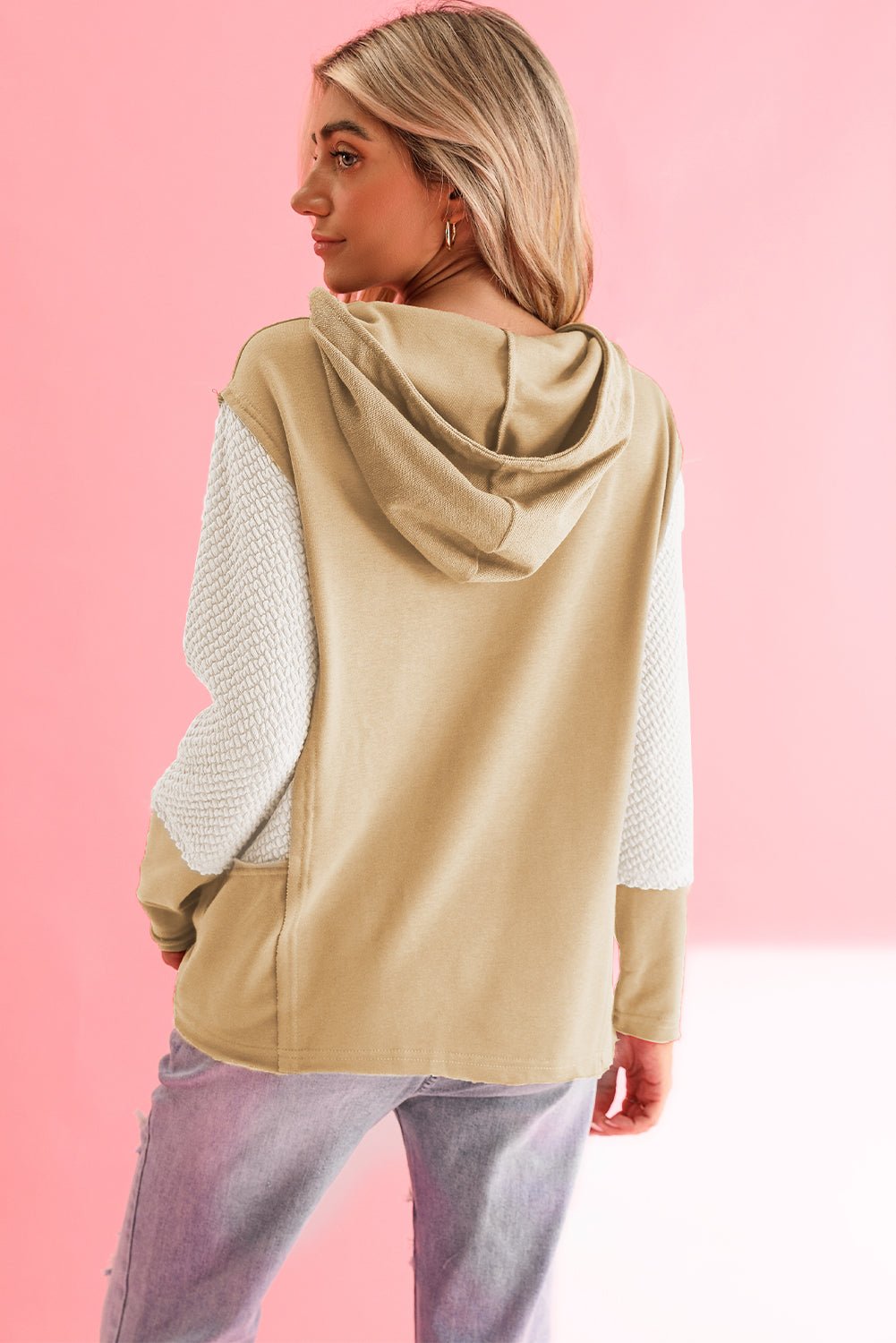 Parchment Textured Splicing Sleeve Raw Hem Hoodie - MAD RUFFI