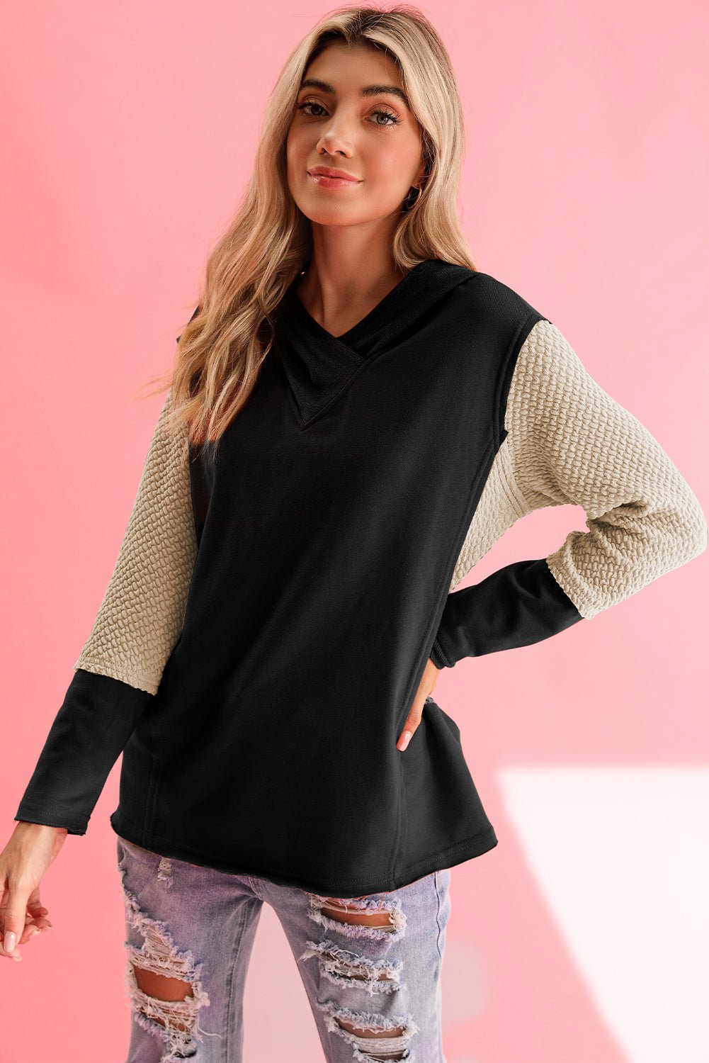 Parchment Textured Splicing Sleeve Raw Hem Hoodie - MAD RUFFI