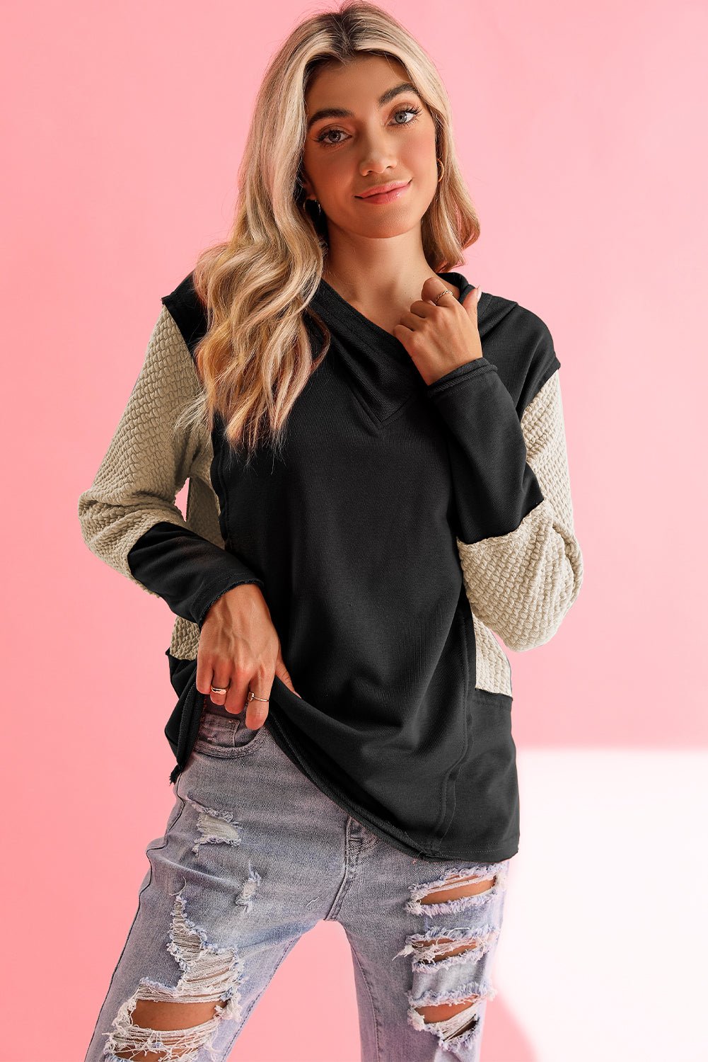 Parchment Textured Splicing Sleeve Raw Hem Hoodie - MAD RUFFI