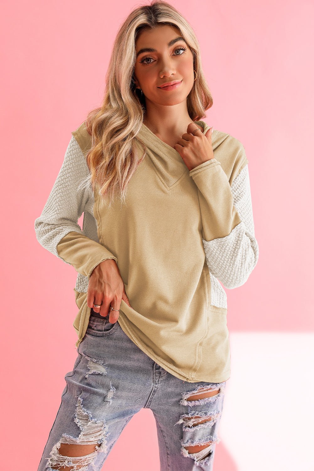 Parchment Textured Splicing Sleeve Raw Hem Hoodie - MAD RUFFI