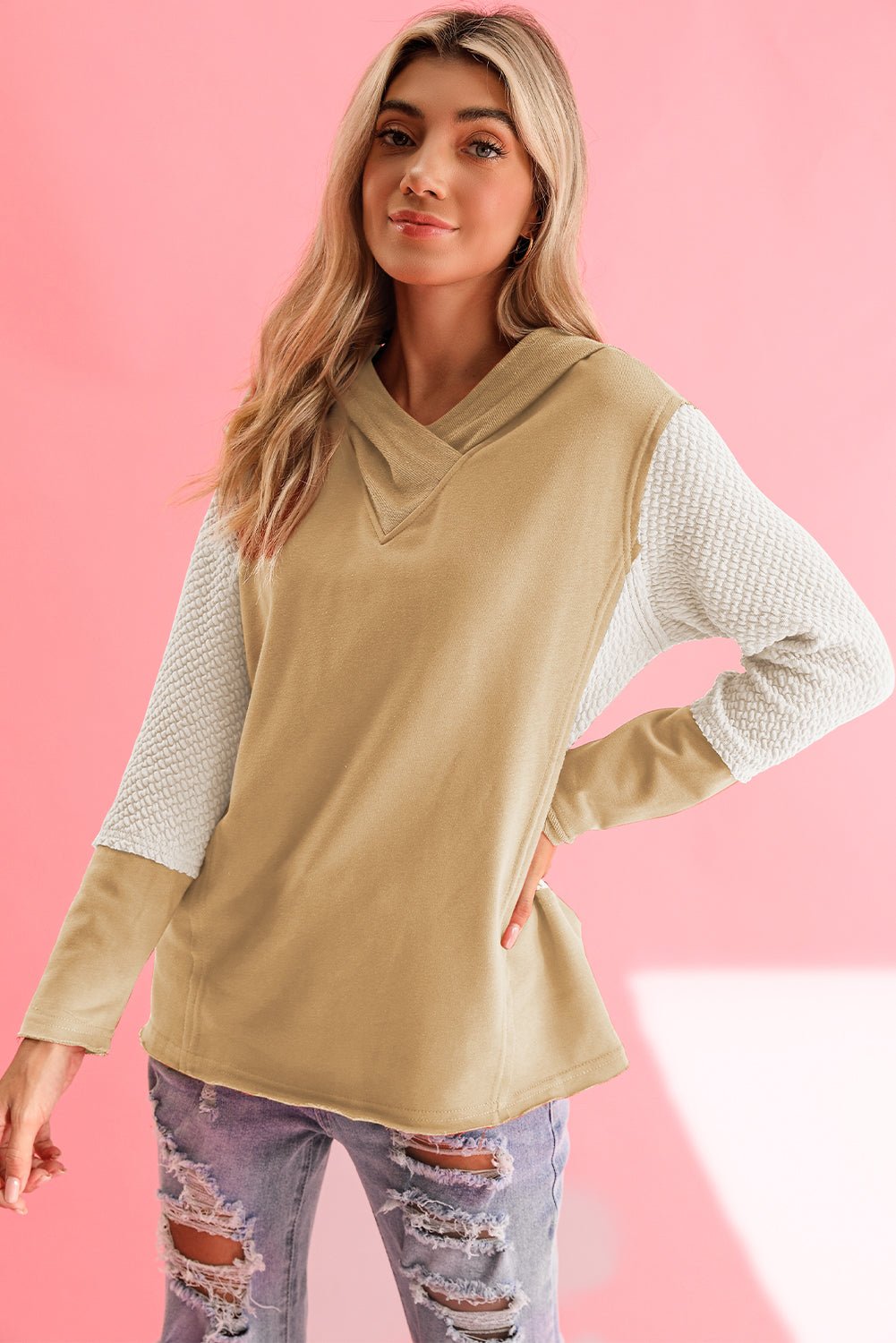 Parchment Textured Splicing Sleeve Raw Hem Hoodie - MAD RUFFI