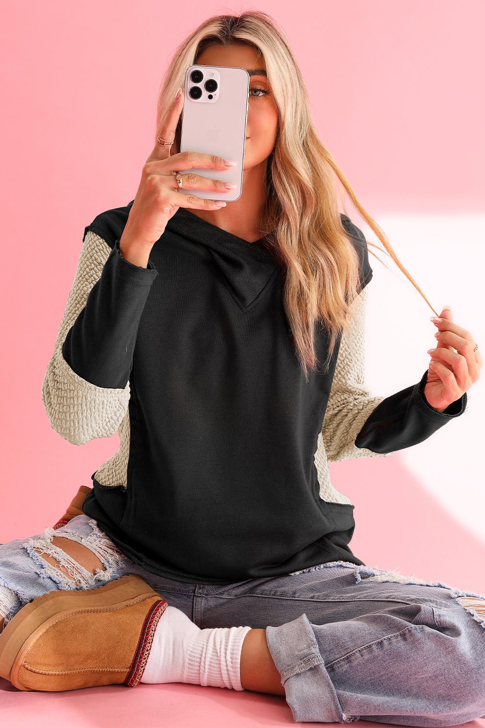 Parchment Textured Splicing Sleeve Raw Hem Hoodie - MAD RUFFI