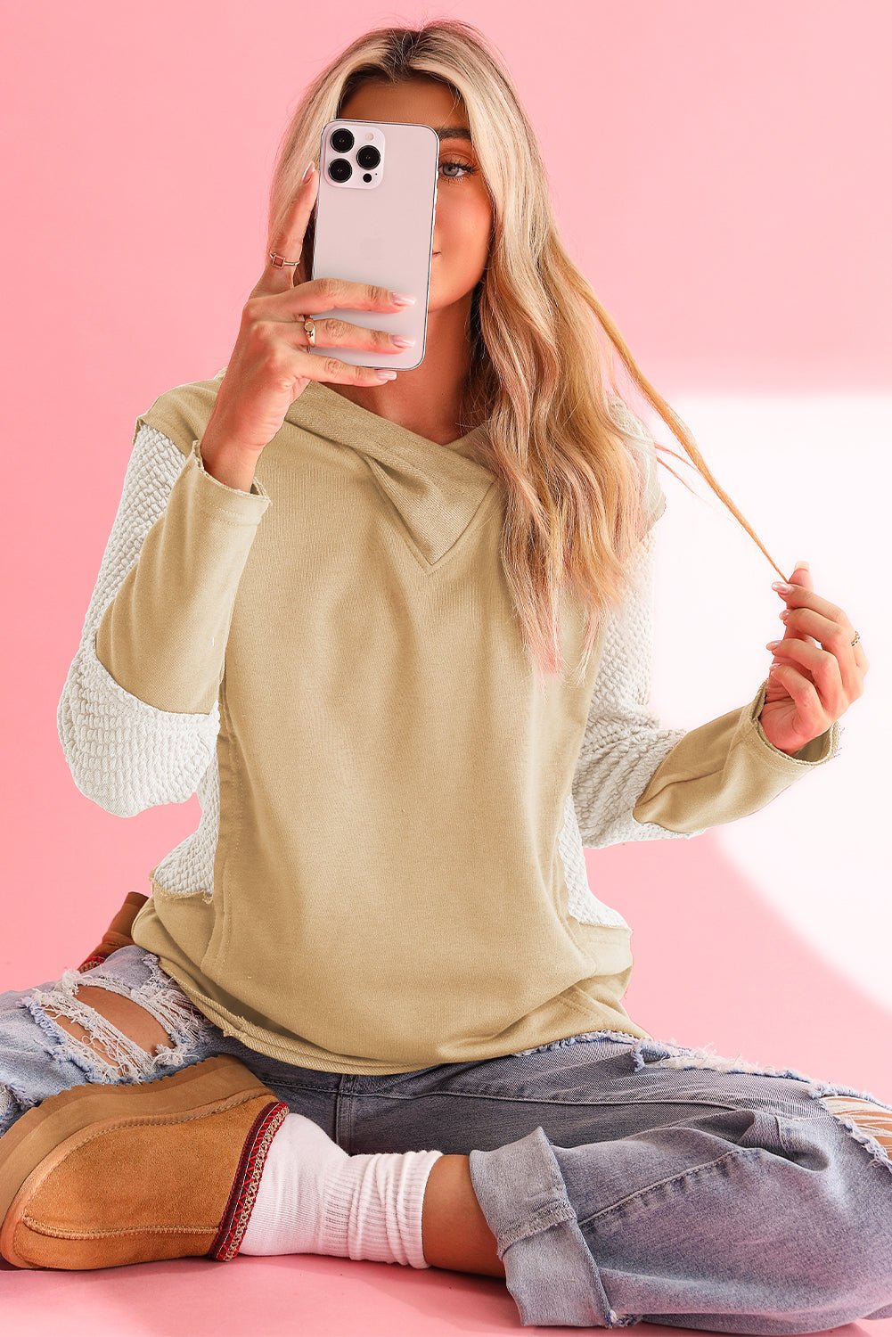 Parchment Textured Splicing Sleeve Raw Hem Hoodie - MAD RUFFI