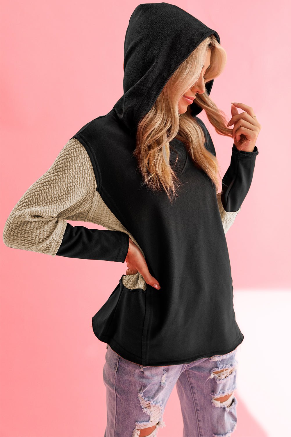 Parchment Textured Splicing Sleeve Raw Hem Hoodie - MAD RUFFI