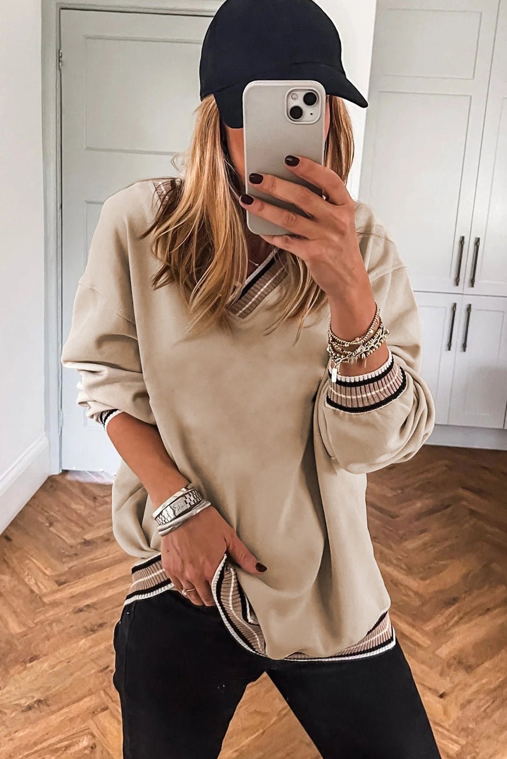 Parchment Varsity Contrast Trim V Neck Sweatshirt - MAD RUFFI