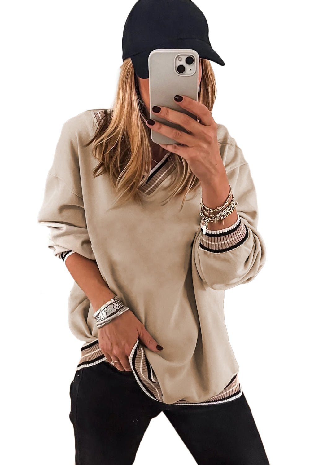 Parchment Varsity Contrast Trim V Neck Sweatshirt - MAD RUFFI