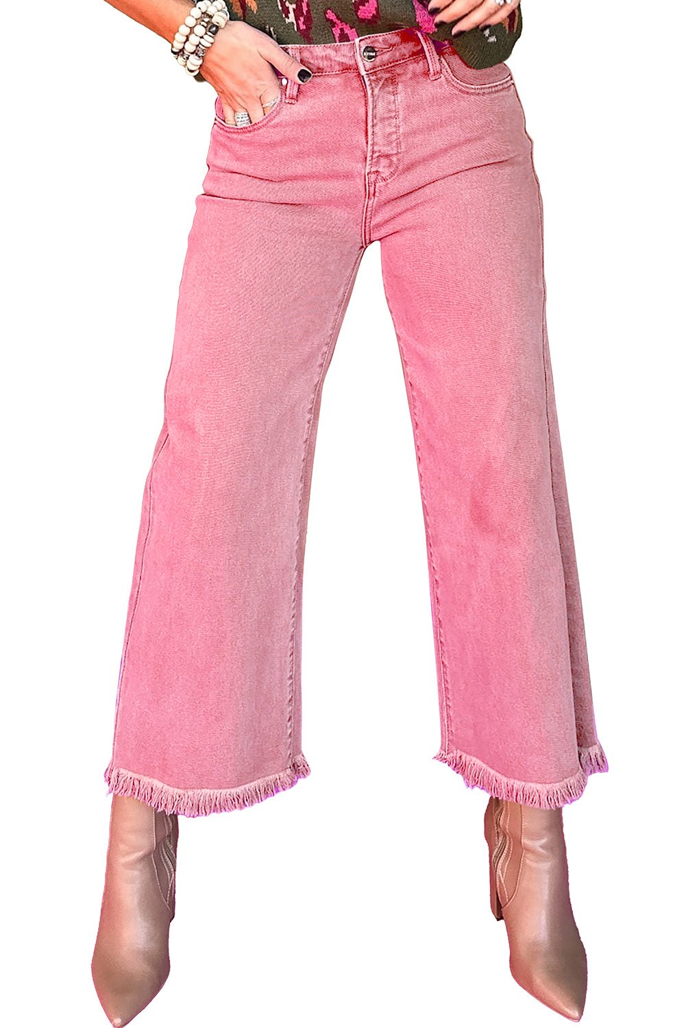 Peach Blossom Acid Washed High Rise Cropped Jeans - MAD RUFFI