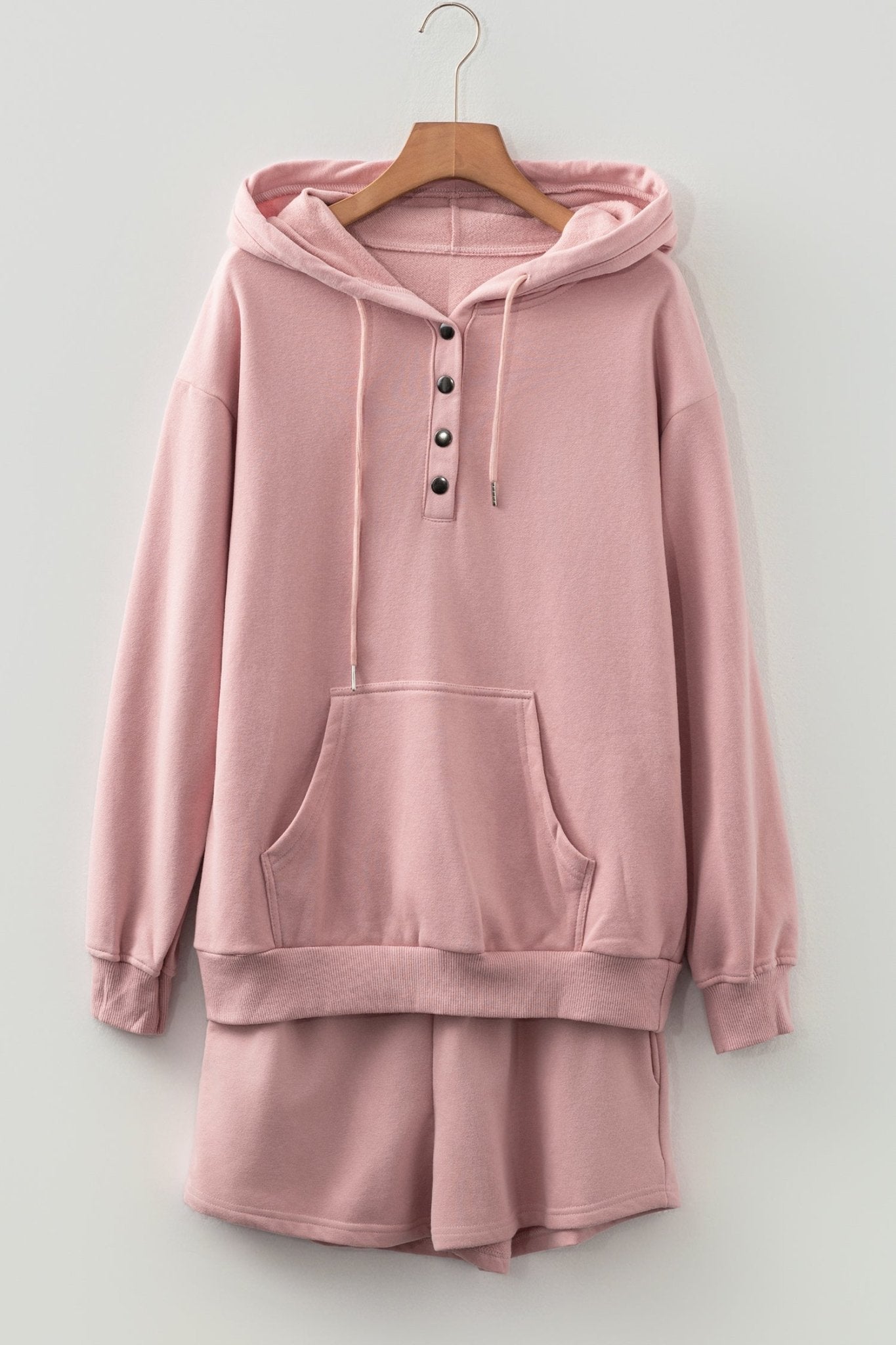 Peach Blossom Button Drawstring Hooded Pullover and Casual Short Set - MAD RUFFI
