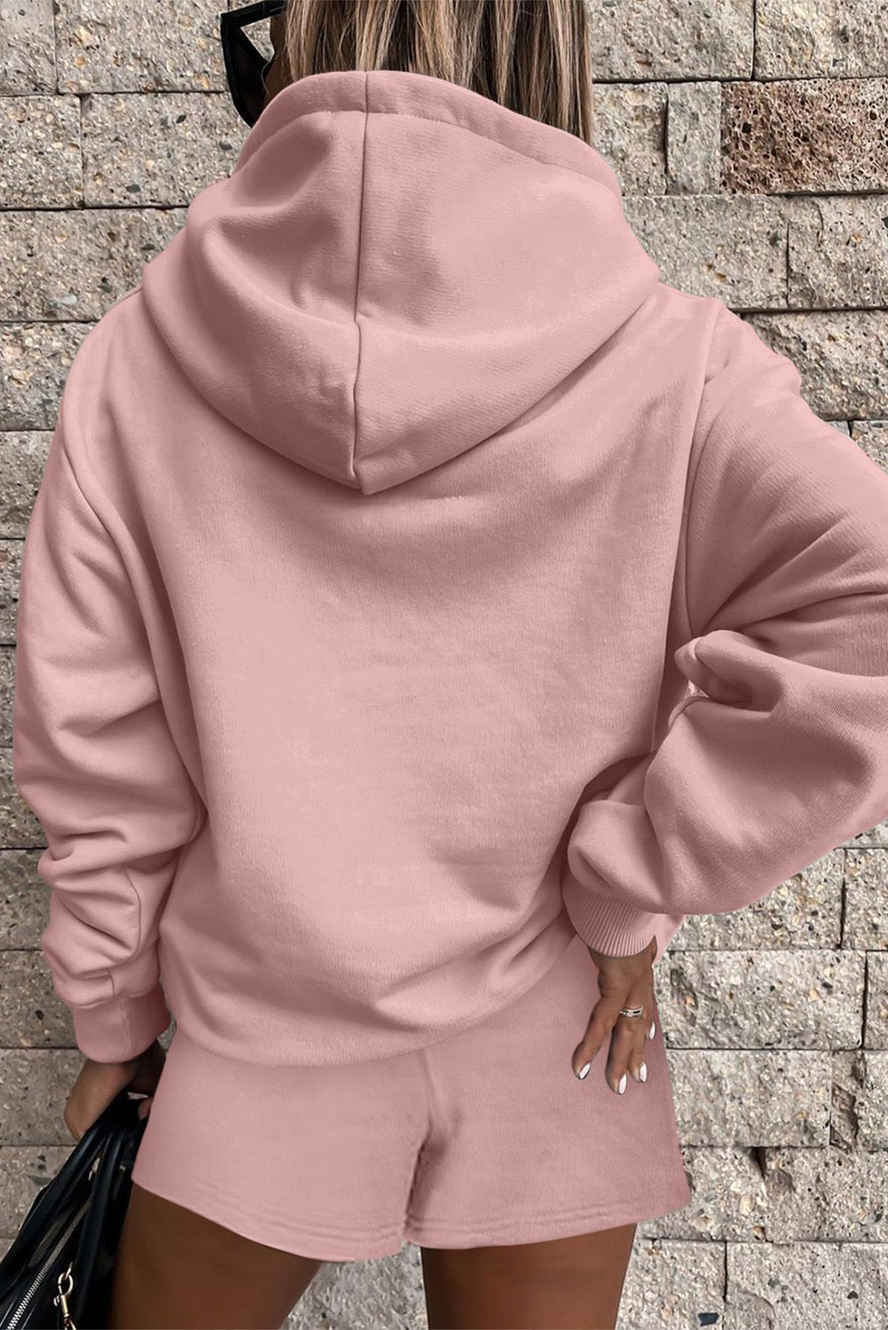 Peach Blossom Button Drawstring Hooded Pullover and Casual Short Set - MAD RUFFI