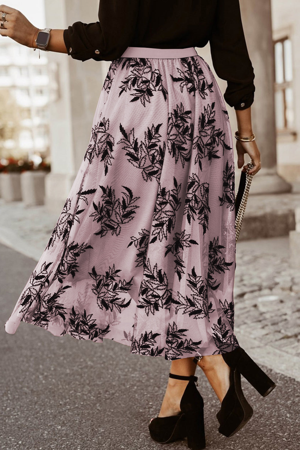 Peach Blossom Floral Leaves Embroidered High Waist Maxi Skirt - MAD RUFFI