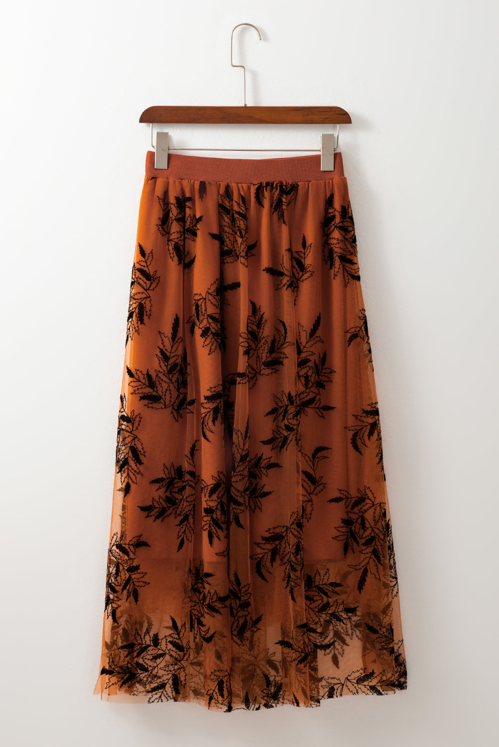 Peach Blossom Floral Leaves Embroidered High Waist Maxi Skirt - MAD RUFFI