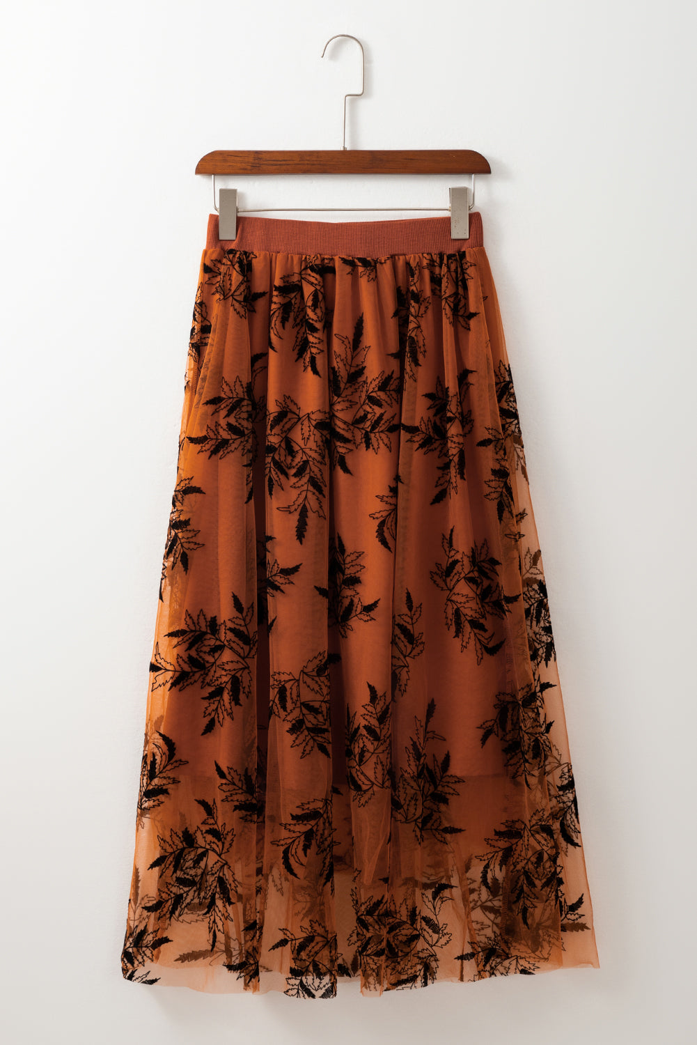 Peach Blossom Floral Leaves Embroidered High Waist Maxi Skirt - MAD RUFFI