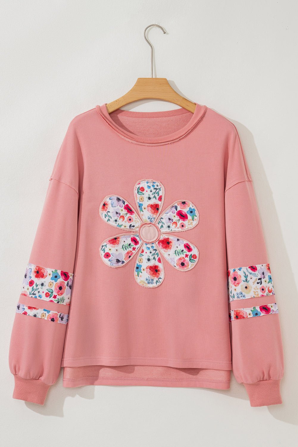 Peach Blossom Flower Applique Patchwork Drop Sleeve Pullover Sweatshirt - MAD RUFFI