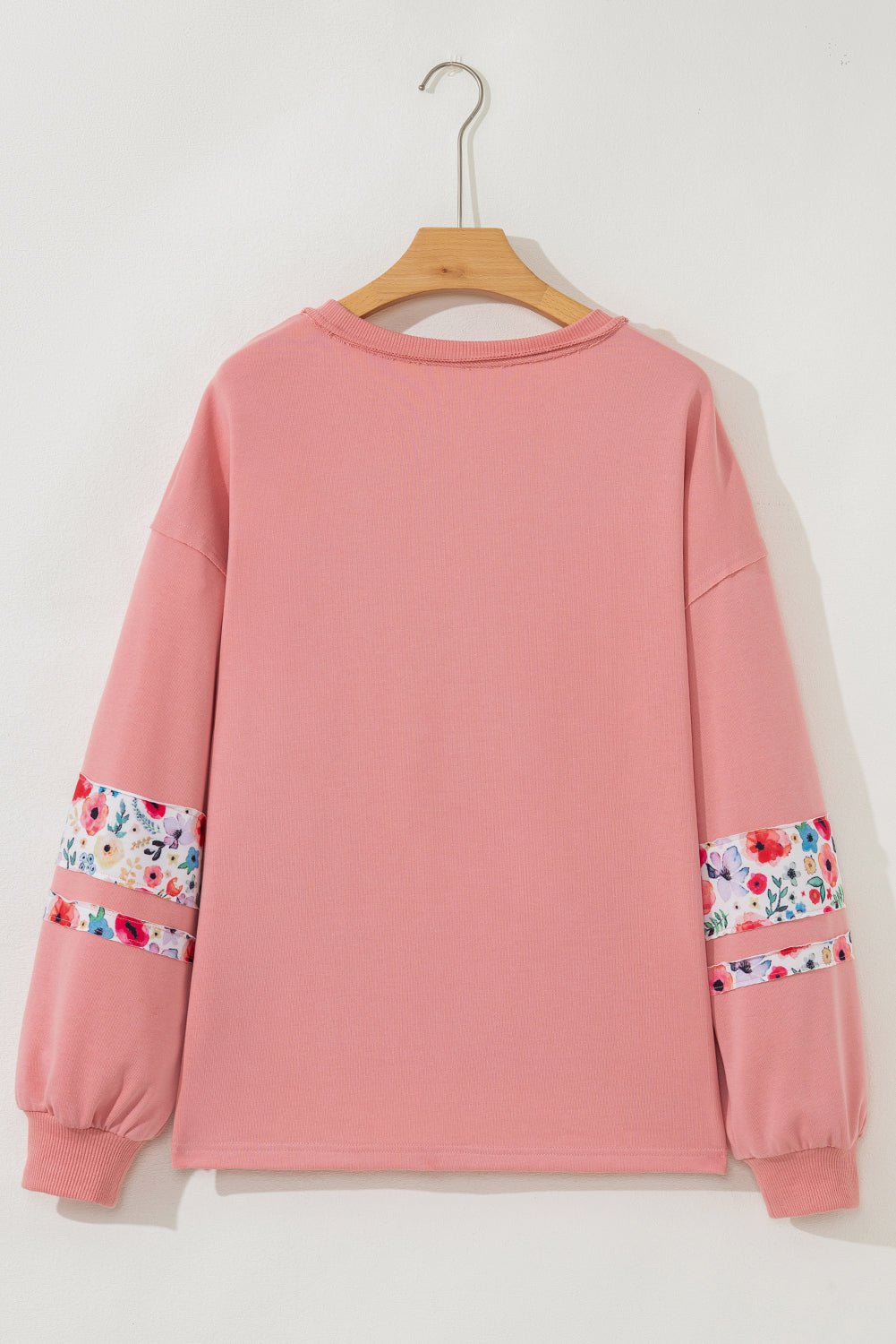 Peach Blossom Flower Applique Patchwork Drop Sleeve Pullover Sweatshirt - MAD RUFFI