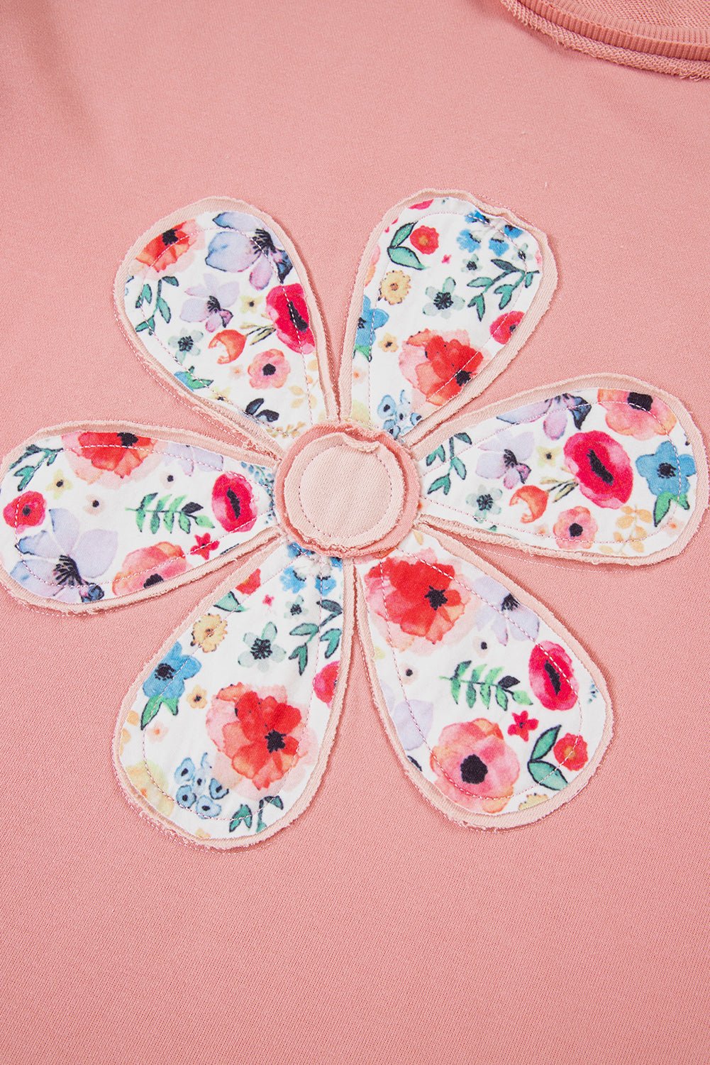 Peach Blossom Flower Applique Patchwork Drop Sleeve Pullover Sweatshirt - MAD RUFFI