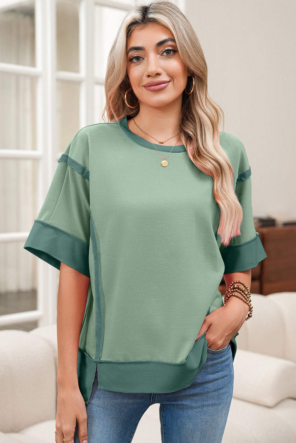 Peach Blossom Half Sleeve Raw Seam High Low Side Split Top - MAD RUFFI