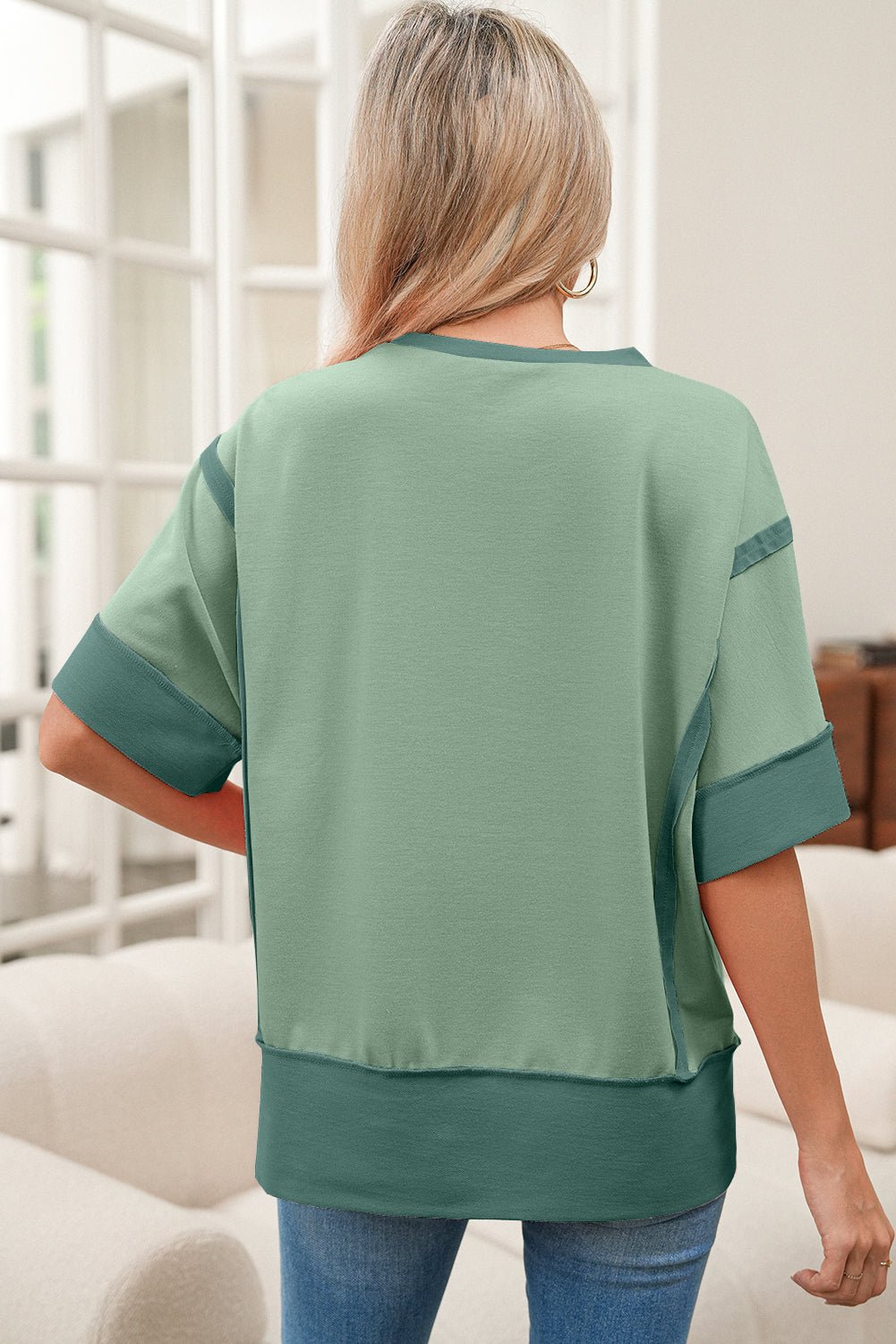 Peach Blossom Half Sleeve Raw Seam High Low Side Split Top - MAD RUFFI