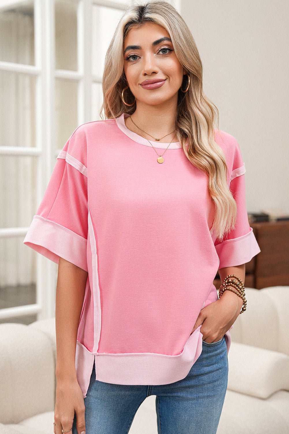 Peach Blossom Half Sleeve Raw Seam High Low Side Split Top - MAD RUFFI